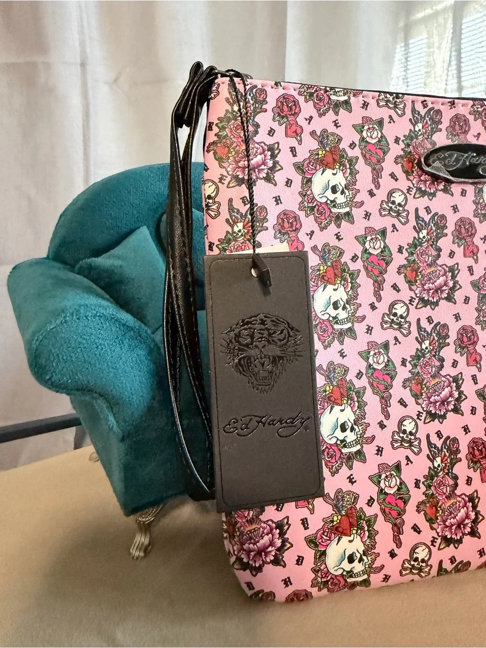 Ed Hardy Y2K Pink Skull & Flower Graphic Wristlet Pouch / Makeup Bag NWT